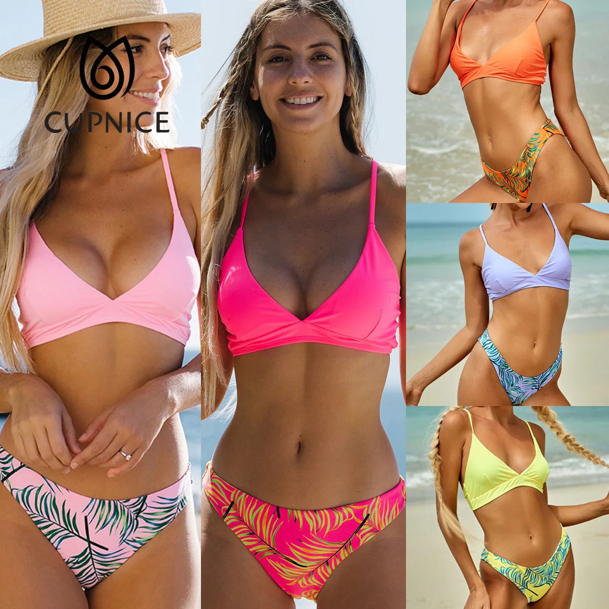 

2021 Pink swimsuit for women two piece set with suspenders leaf print Bikini new collection swimming suit for women