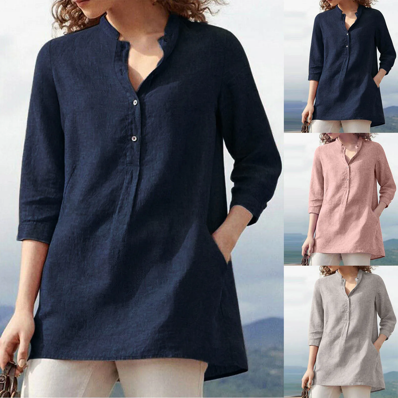 

Womens Blouses V-Neck Buttons Shirts 2021 Autumn And Winter Solid Tops 3/4 Sleeve Casual Loose Shirt Blouse Streetwear Pullover