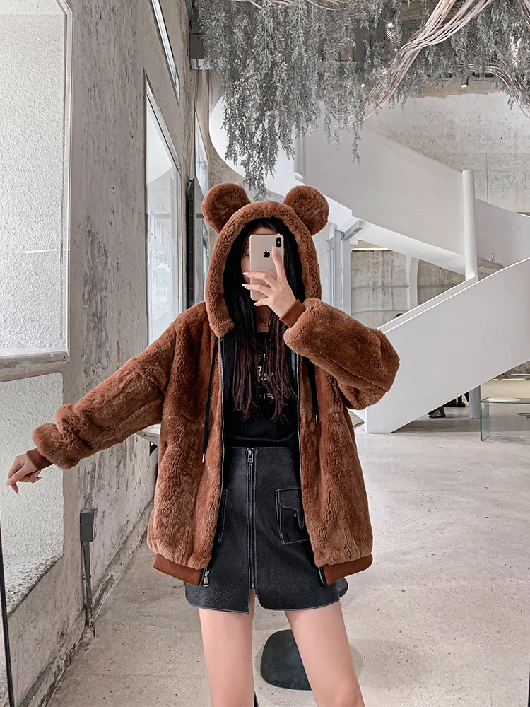 Zero fish Rex knitted Genuine Rabbit fur coat women fashion long rabbit fur jacket Outwear winter fur coat with Hood Leopard