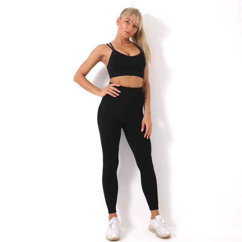 

seamless yoga 2 pieces set strappy sports bra leggings gym set workout clothes for women sports set gym athletic wear