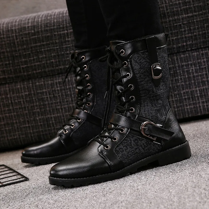

Autumn Winter Pu Leather All Black Boots Men 2020 Impermeables Buckle Male High Top Boots Indestructible Shoes
