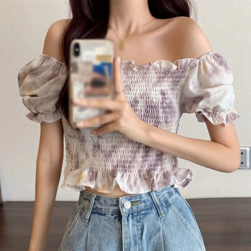 

Vintage Slim Ruffle Elegant Blouses Short Sleeve Floral Print Shirt Top Women Puff Sleeve Blouses