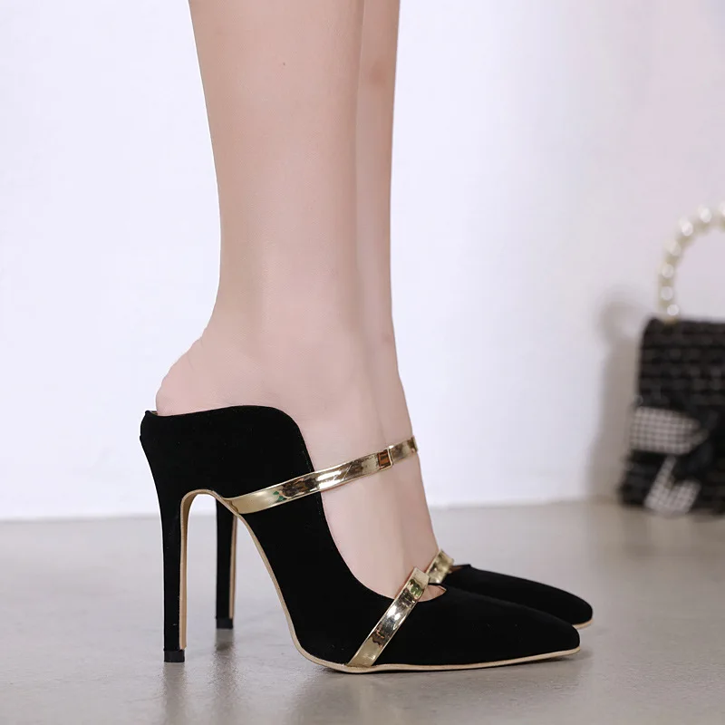 

High-Heeled Shoes Lady Black Sandals Woman's Slippers Slides Shallow Beige 2021 Soft Thin Back Strap Lace-Up Rome Basic Concise