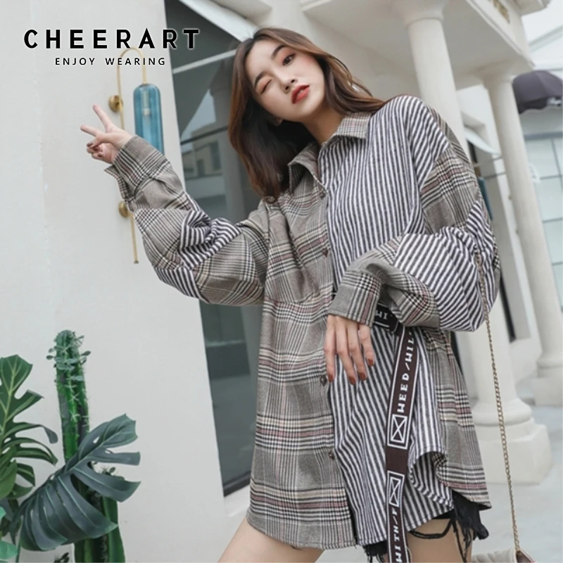 CHEERART уличная клетчатая женская блузка со шнуровкой Женская Лоскутная рубашка с длинным рукавом на пуговицах Свободный Топ Осенняя модная одежда