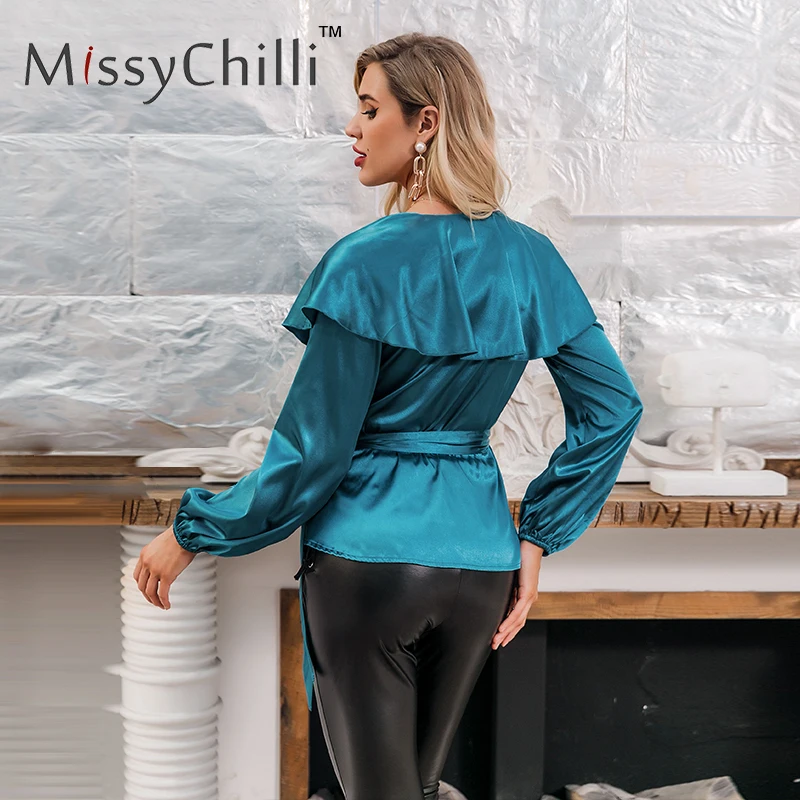 MissyChilli атласная синяя бандажная блузка с рюшами рубашка женская длинным рукавом