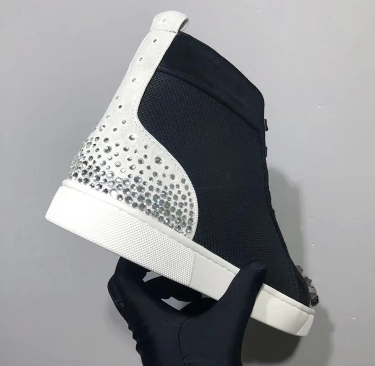 

Luxury Designer Black Patent Leather Chunky Sneakers Men High Top Round Toe Red Bottom Decorative Heel Flat Casual Skate Shoes