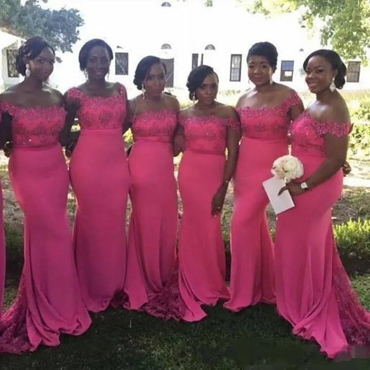 

Hot Pink Mermaid Bridesmaid Dresses Off the Shoulder Lace Applique Beaded Sweep Train African Plus Size Maid of Honor Gowns