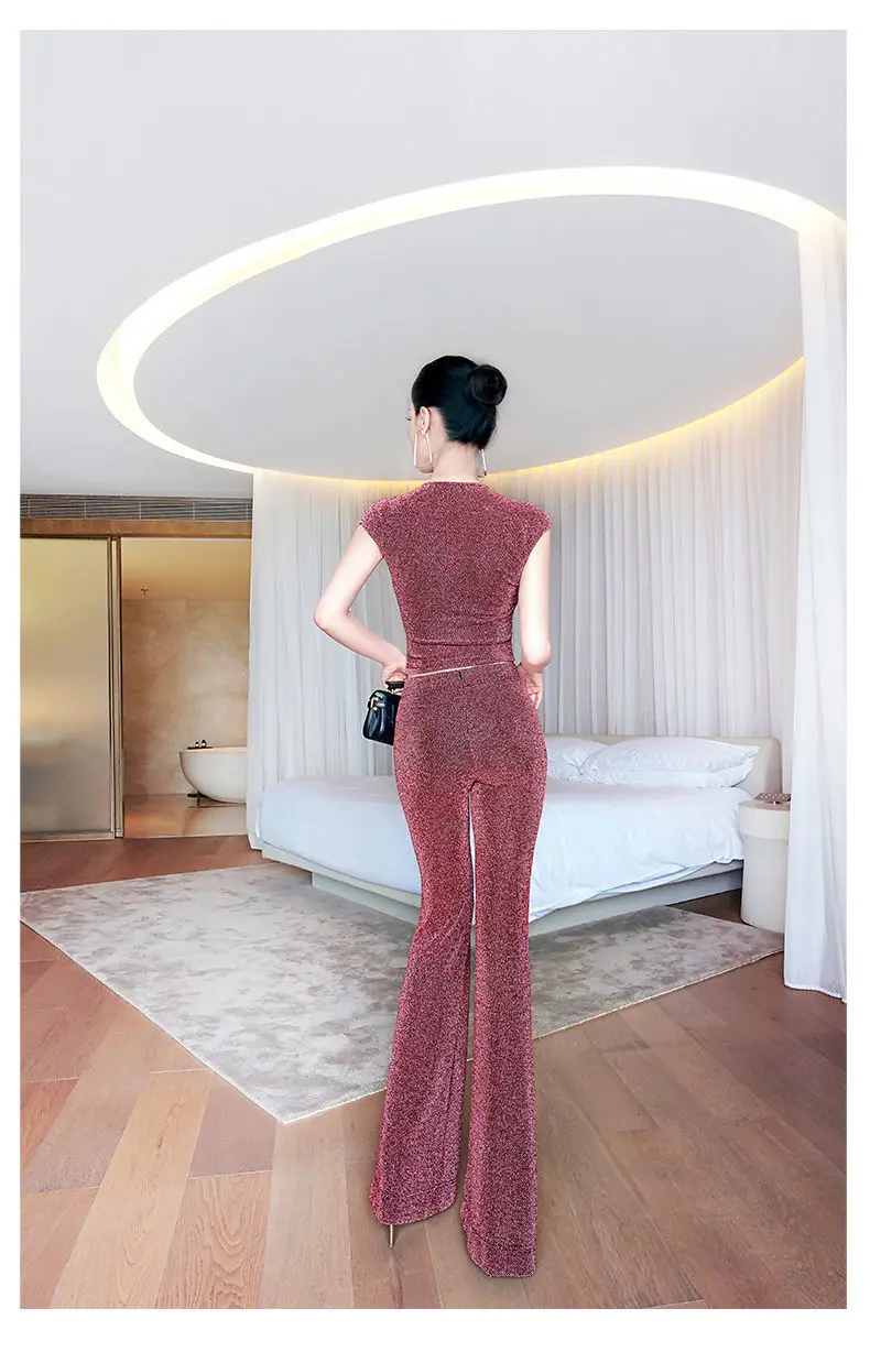 

2021 Summer Short-Sleeved Celebrity Suit Design Sense Niche Square Collar Pleated Shirt Flared Pants Two-Piece Vestido Vfemage