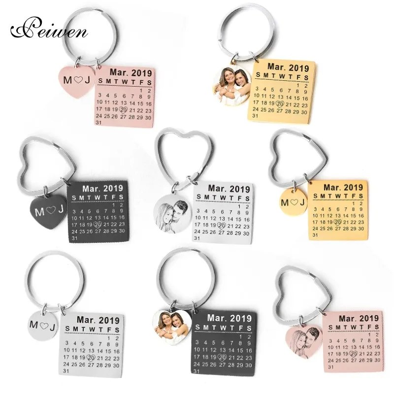 

Personalized Customized Calendar Keychain Custom Photo Anniversary Date highlighted with heart Engrave Special Date Keyring Gift