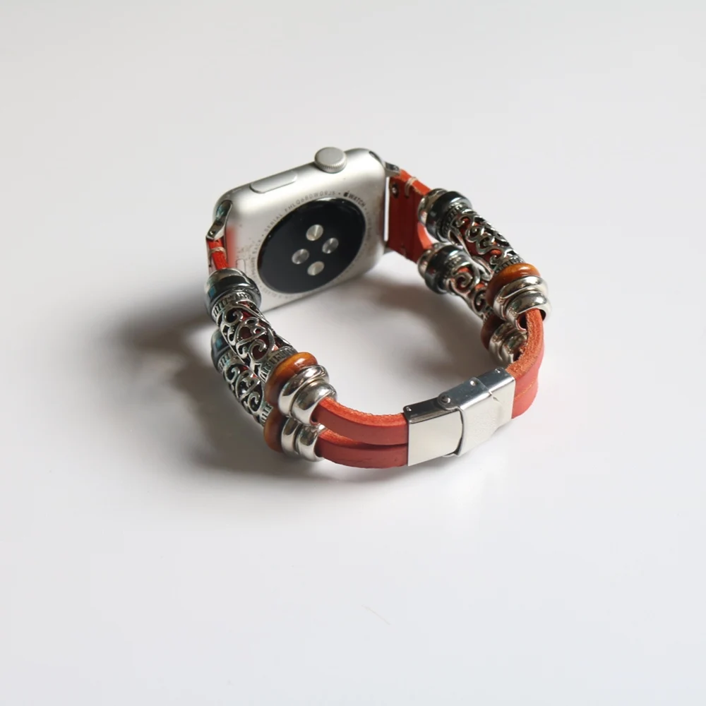 Стильный кожаный чехол в стиле ретро браслет для наручных часов Apple Watch Series 5 4 3 2 ручной работы из бисера металлический ремешок для наручных часов iwatch, 40/44/38 мм/42 мм, ремешок на запястье