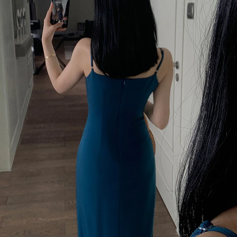 

2021 Smooth Slip Draped High Waist Sexy Satin Long Dress Summer Ladies Party Dress High Waist Slim Female Retro Dress