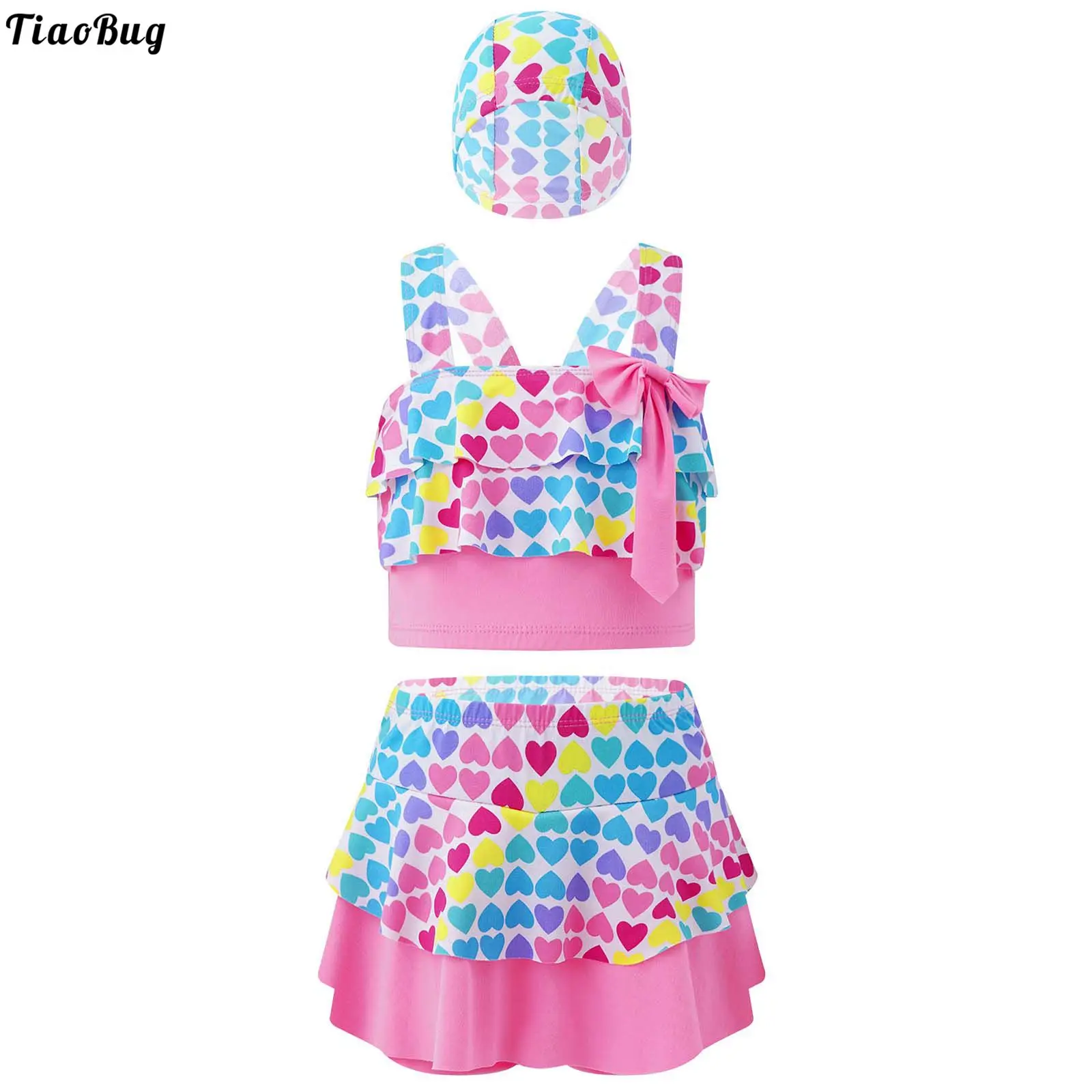 

TiaoBug Summer 3Pcs Kids Girls Swimwear Straps Bowknot Cartoon Hearts Print Crop Tops With Ruffle Hem Skirt And Cap Bikini Set