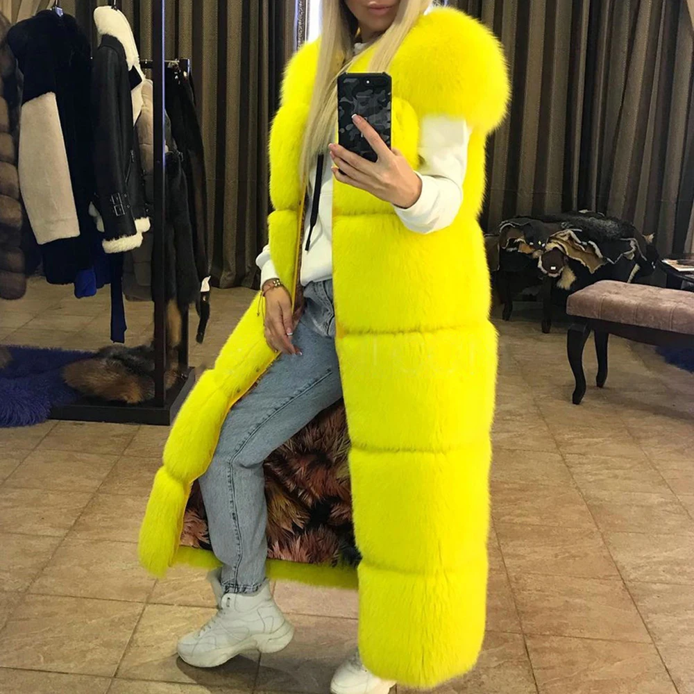 Long Real Fox Fur Coat Short Sleeve Fashion Yellow Color Whole Skin Genuine Fox Fur Coats Female Outwear Winter Fur Overcoats