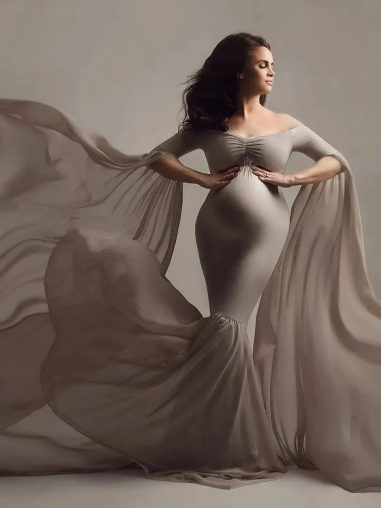 Платье для беременных с длинным рукавом эластичное хлопковое + шифоновое платье