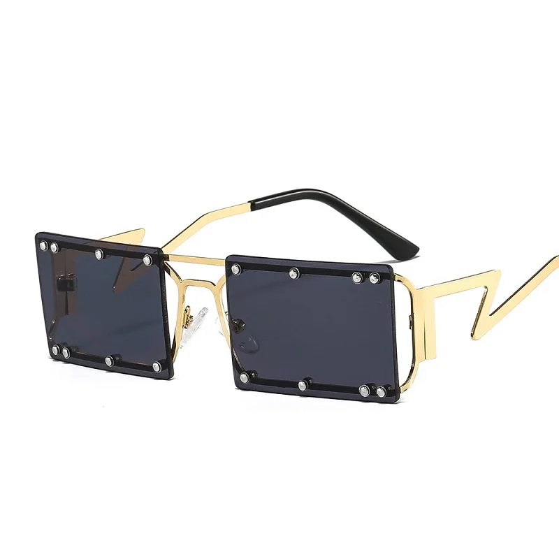 

2021 New Rectangle Sunglasses Women Men Rivet Decoration Square Metal Frame PC Colorful Lens Luxury Brand Designer Trend UV400