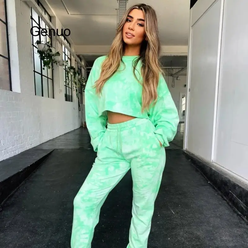 Модный тренировочный костюм короткий с капюшоном галстуком краской комплект из