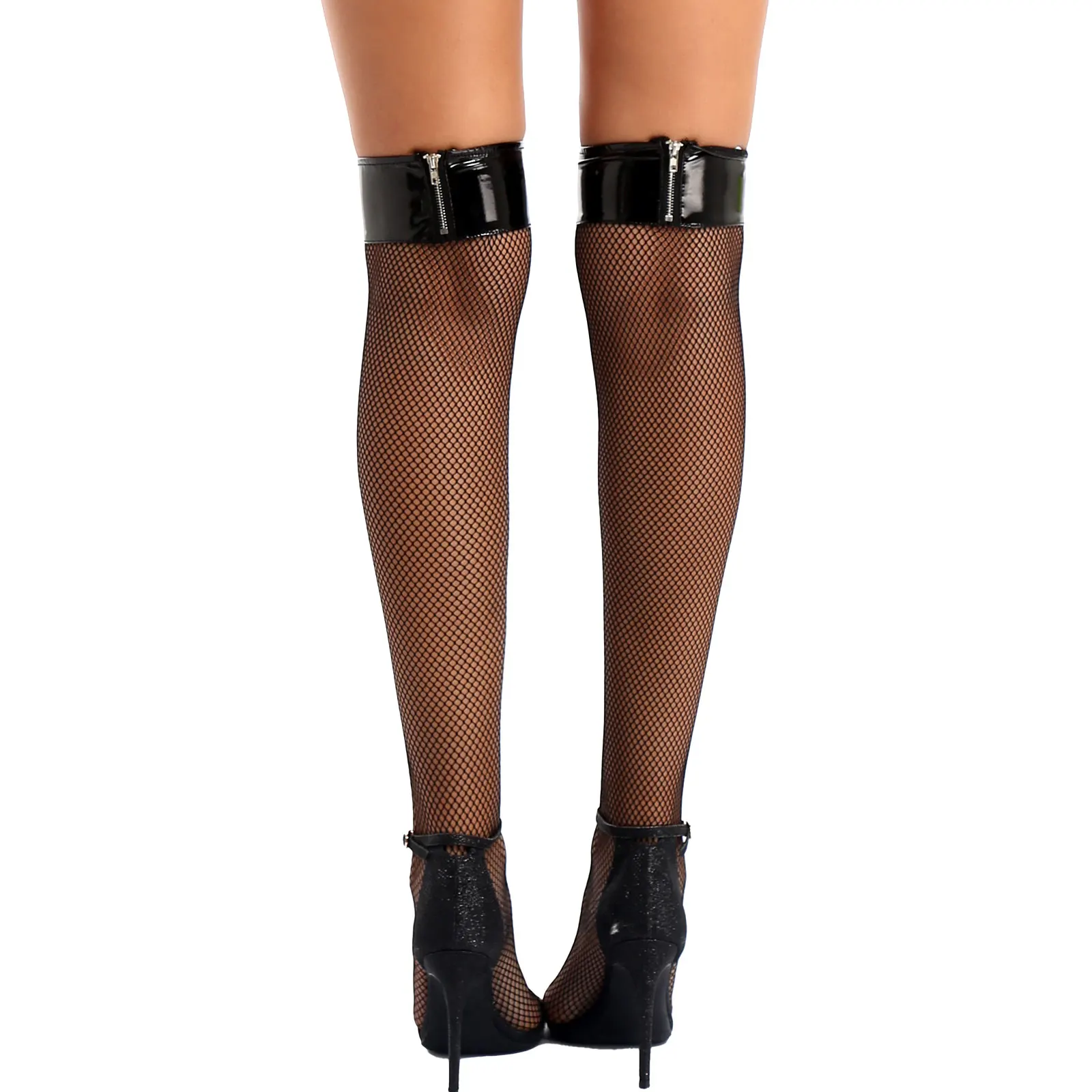 

Women Fishnet Latex Thigh High Stockings with Zipper Leather Top Sexy Long Stockings Anti-skid Over Knee Socks Hosiery Nightclub