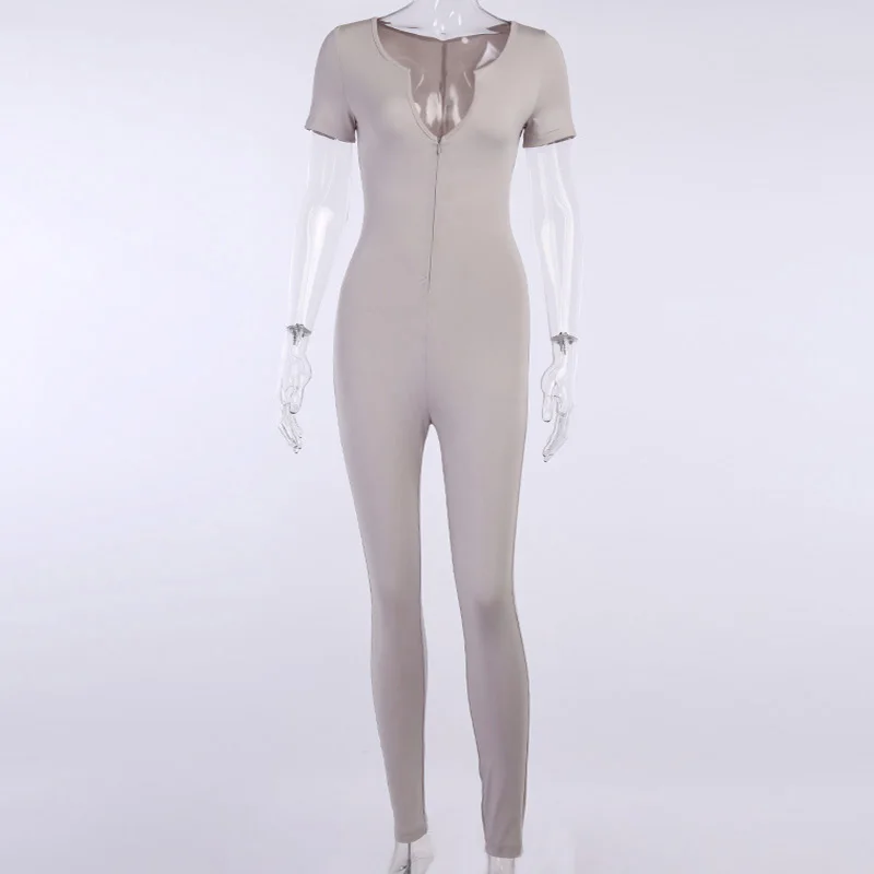 

AA New Style Women Jumpsuit Rompers Short Sleeve Deep V-neck Front Zipper Bodycon Jumpsuit Summer Yoga Sports Rompers Trousers