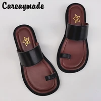 careaymade summer genuine leather big head wide sandals womens top leather original handmade single retro roman toe slippers