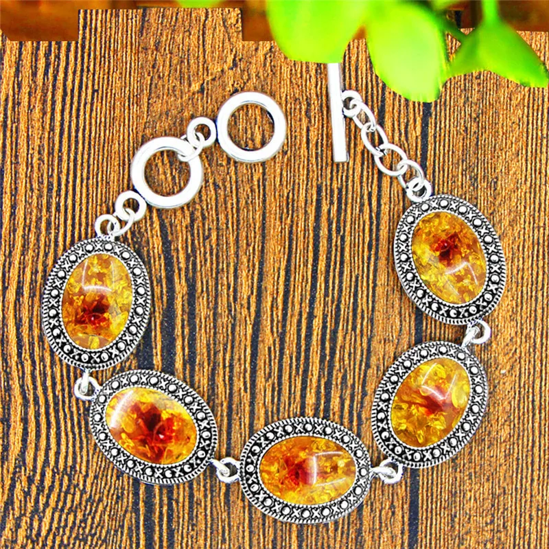 Oval Resin Flower Bead Necklace Earrings Bracelet Jewelry Set Vintage Look Antique Silver Plated Fashion Jewelry