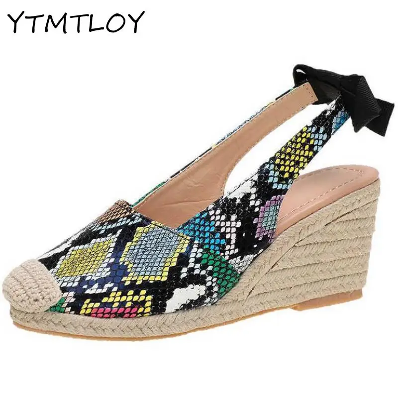 2021 Slope Heel Women Sandals Summer Fashion Buckle Snake Print Solid Casual Office Party Wedding Shoes Large Size Ladies Sandal | Обувь