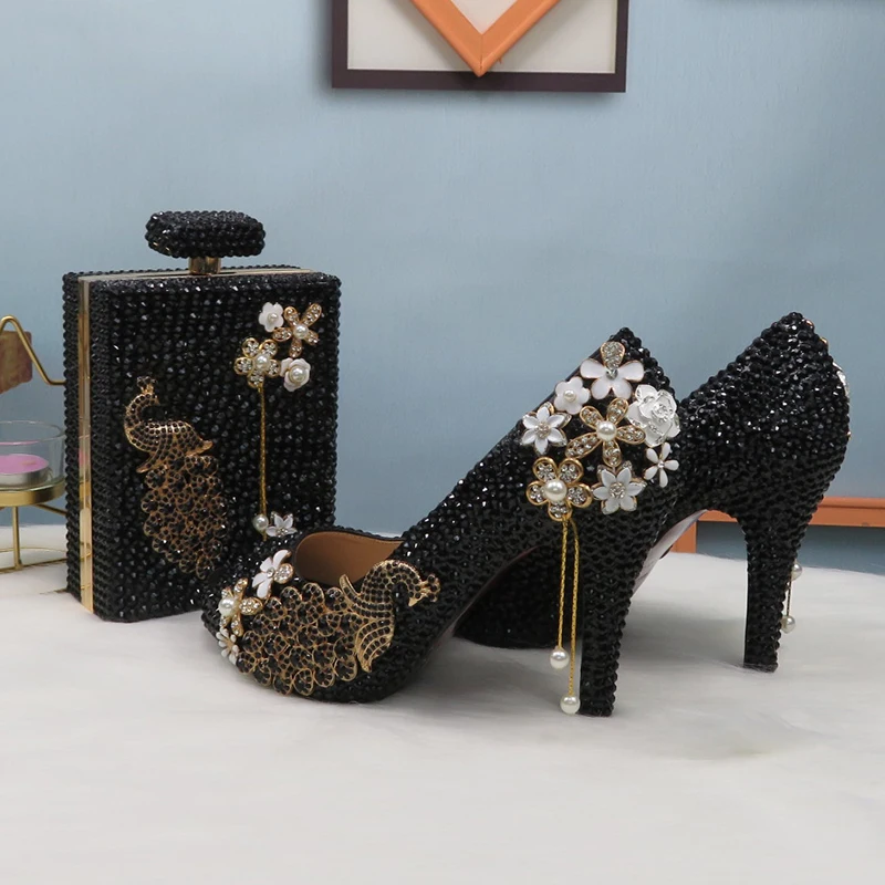 BaoYaFang Open Toe Black crystal Peacock Party Dress Wedding shoes Bride woman High heel platform shoes Ladies Female Pumps