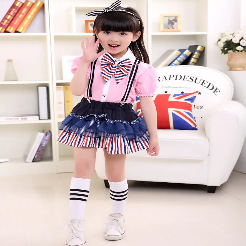 

Girls Summer Wedding Skirt & Shirts Set with Bowtie 2021 New Brand Formal Young Girls Boys School Uniform Children Suit