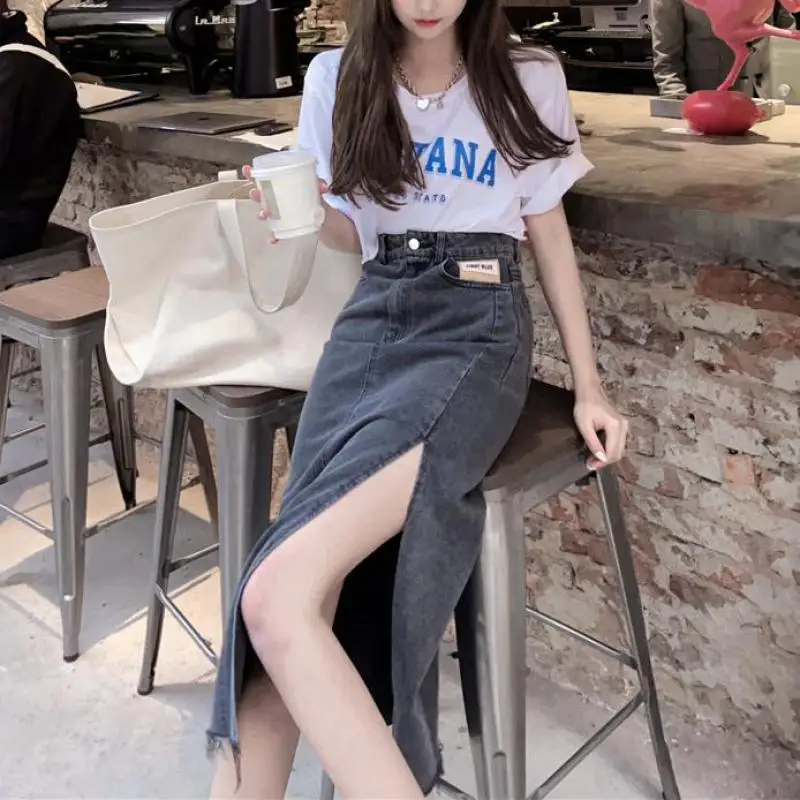 

High Waist Split Denim Skirt Women Pencil Straight A-line Skirt Mujer Vintage Retro Long Black Blue Summer Skirt