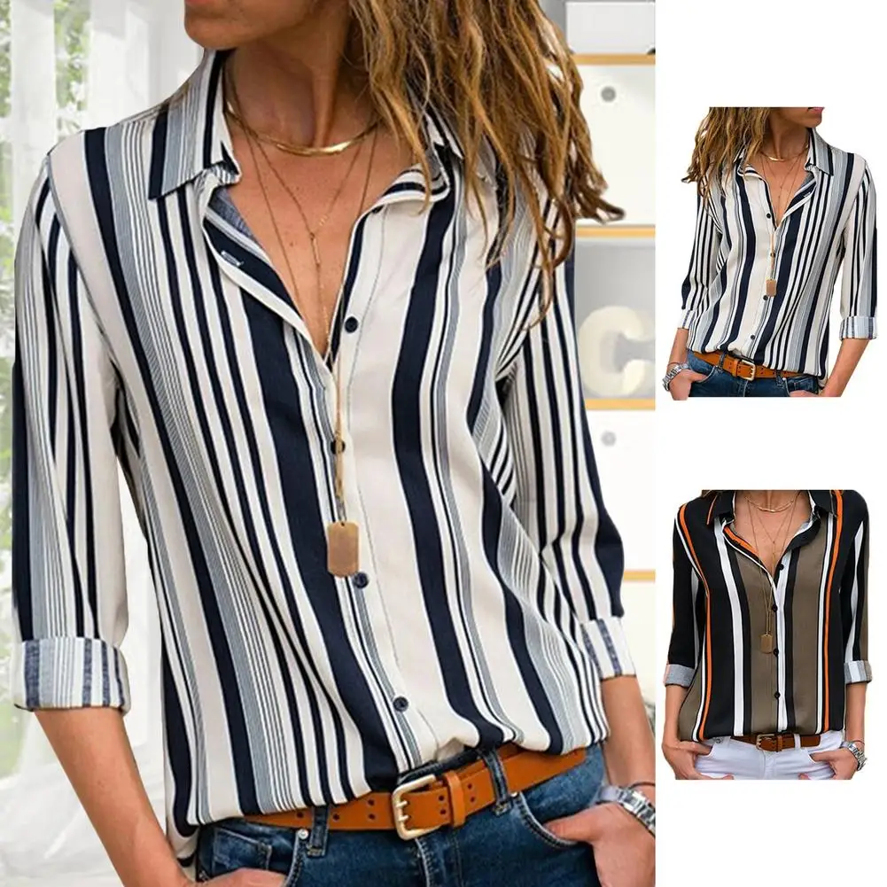 

Striped V-neck Long Sleeve Chiffon Shirt Ladies Cardigan Top Anti Winkle Quick Dry Breathable Casual OL Commuting 2021 Summer