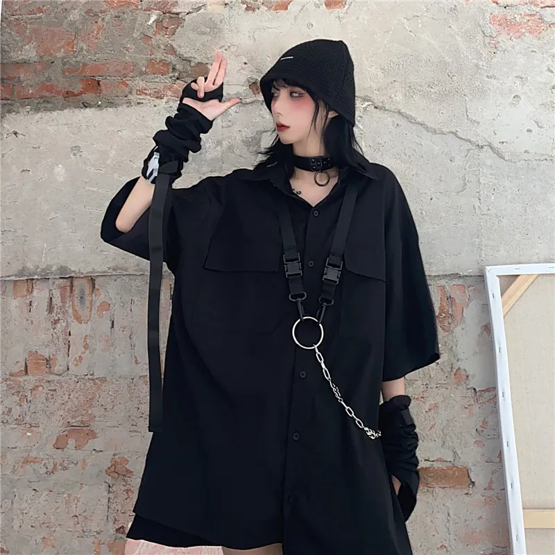 

GothGotik Gothic Harajuku Street Safari Style BF Black White Short Sleeve Shirt Chain Women Tops Button Up Summer Fashion Cool