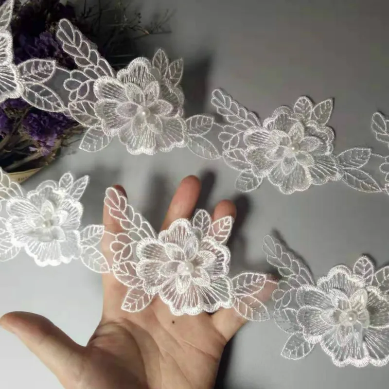 1 ярд 10 см белые хлопковые жемчужные цветы листья вышитая кружевная отделка лента