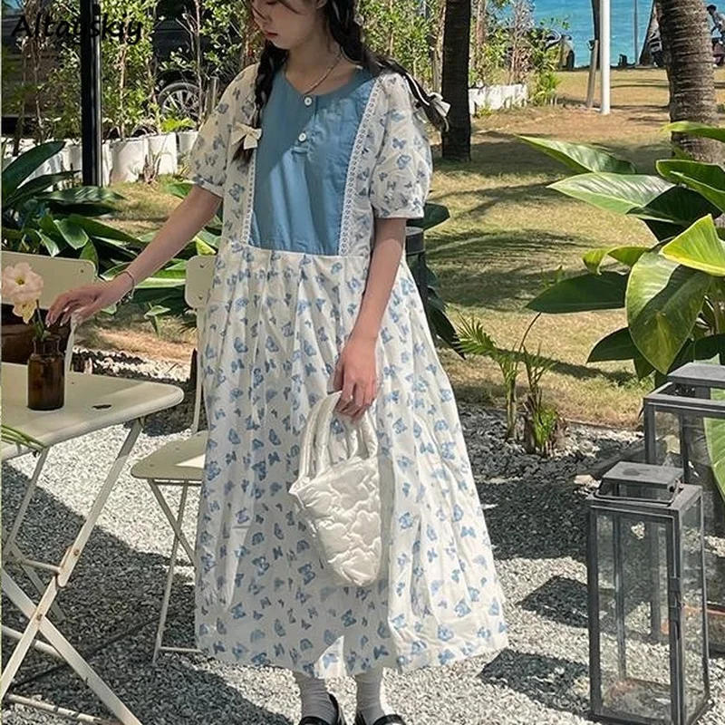 

Платье женское летнее длинное с принтом бабочки, свободное милое удобное шикарное в японском стиле преппи для беременных, в стиле пэчворк