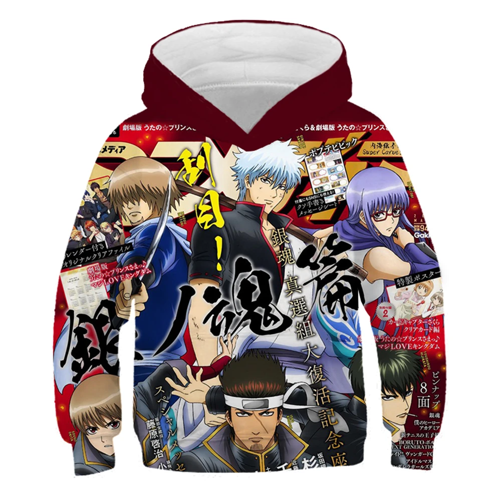 

GINTAMA 3D Anime Hoodie Kids Boy Hooded Hip-hop Style For Teenager Pullover Fresh Print Hoody Big Pocket Sweatshirt Autumn 4-14T