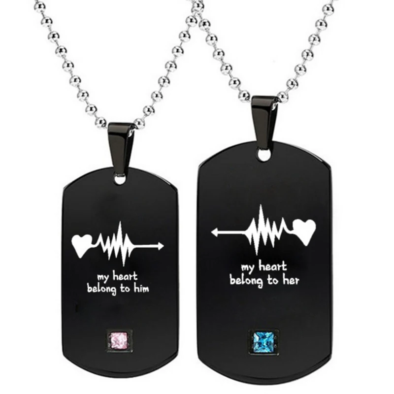 

2020 Trendy Rhinestone Couple Necklace for Teen Girls My Hearts Belong to Him Her Stainless Steel Necklaces for Women Men