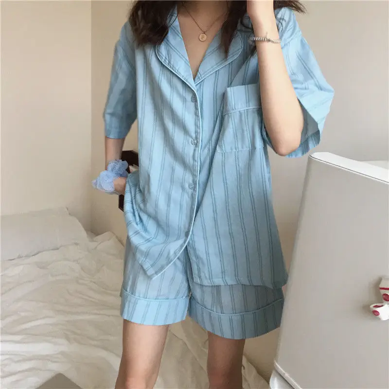 QWEEK Korean Homewear Women Summer 2021 Pajamas Striped Pyjamas Ensembles Short Sleeve Pijamas 2 Piece Set Sleepwear Nightie PJ