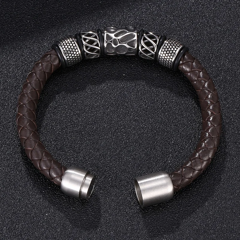 Новые черные браслеты мужские Модные из нержавеющей стали с бусинами кожаные