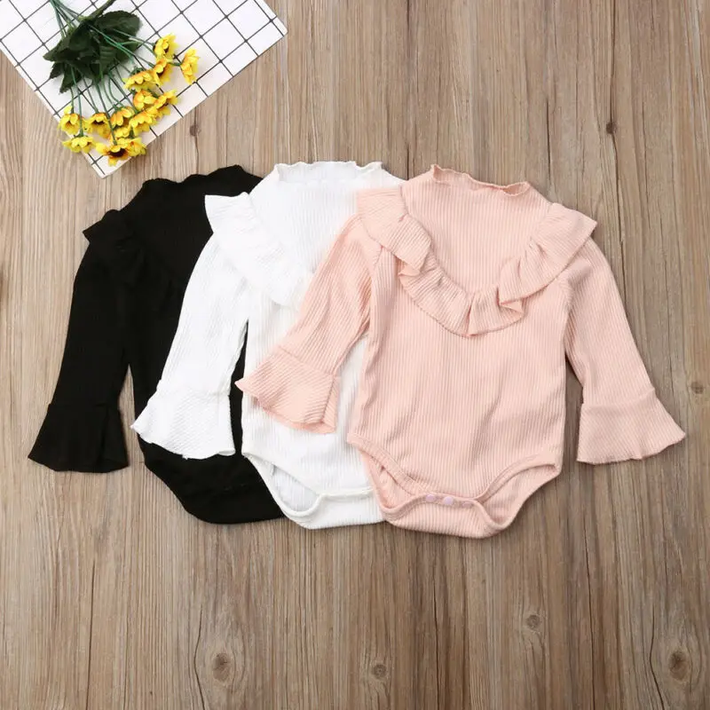 

Newborn Infant Baby Girls Romper Jumpsuit Pit Stripe Flare Sleeve Ruffles Winter Autumn Clothes Outfits Solid 0-18M