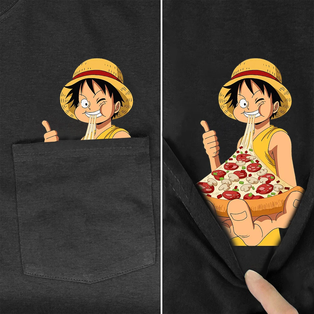 

Anime Monkey·D·Luffy Funny Cotton T-Shirt Pocket Luffy Eat Pizza Printed TShirt Harajuku Casual Tees Tops Black Cotton Clothes