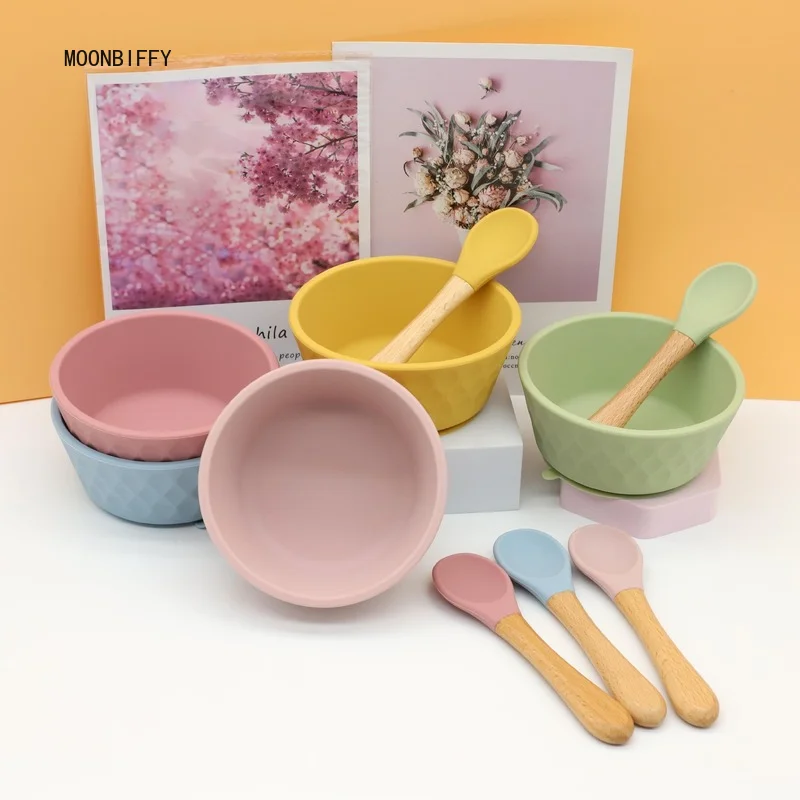 Vajilla de silicona de grado alimenticio para alimentaci&oacute;n de ni&ntilde;os, juego de vajilla de 2 piezas, taz&oacute;n de silicona para beb&eacute;, cuchara, ventosa, taz&oacute;n de silicona-3