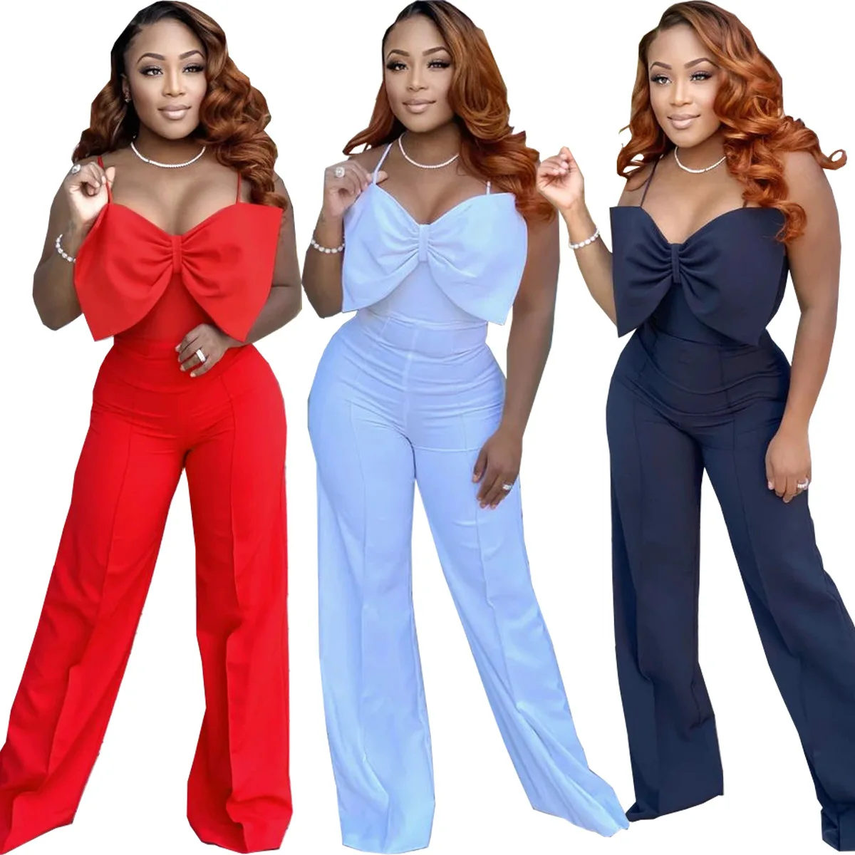 

Wholesale Items Plus Size Summer Women Fashion Sexy Solid Color Bow Suspender Back with Invisible Zipper Jumpsuit