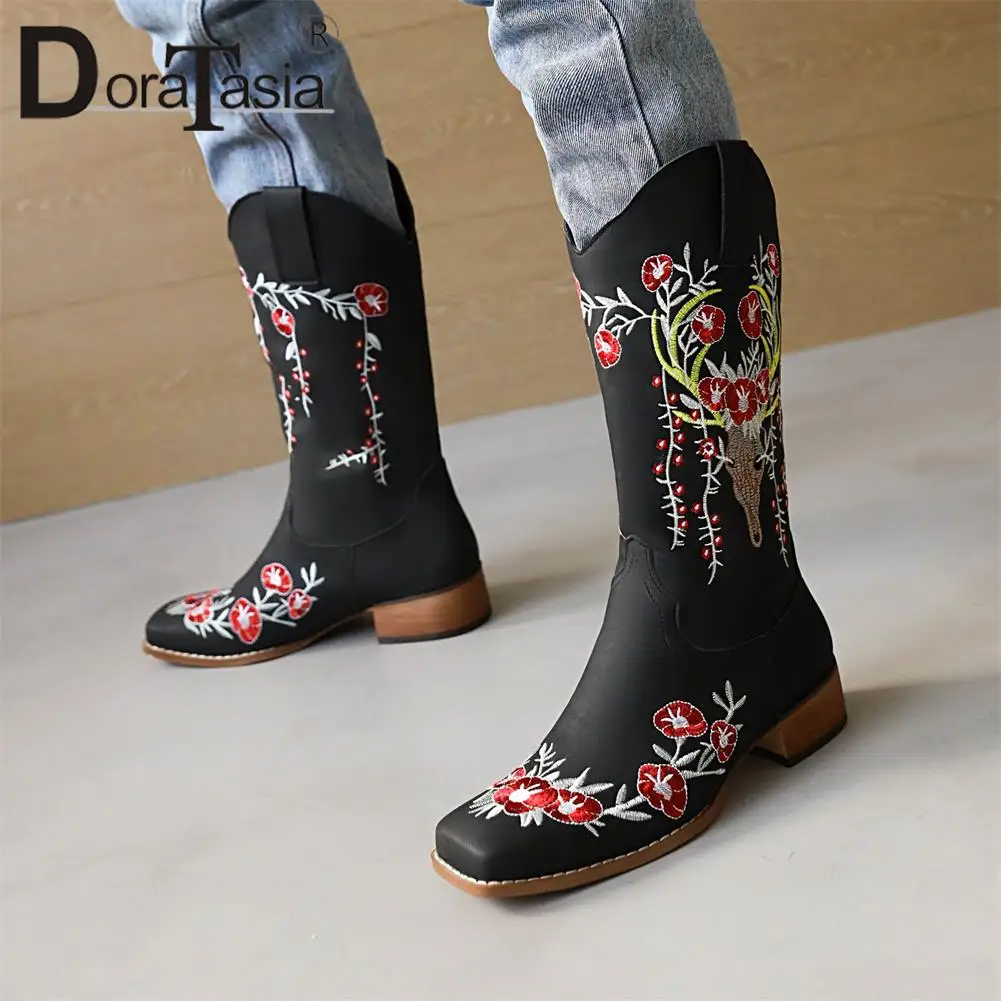 

DORATASIA New Female Ethinc Western Boots Slip On Chunky Heels Embroider Mid-Calf Boots Women Casual Party Shoes Woman