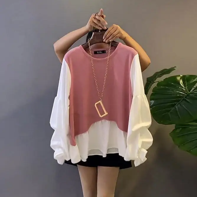 

Женский топ из двух предметов с прострочкой, Осенний нишевый свитер с асимметричным рукавом-пузырьком для полных сестер, 2021