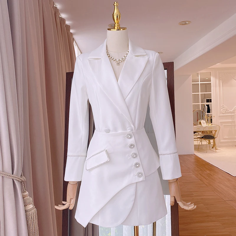 

Autumn Winter Woman Double-Breasted Fashion Mini Dress Long Sleeve Lapel Blazer Dress + Diamond Button Irregular Apron Lady Set