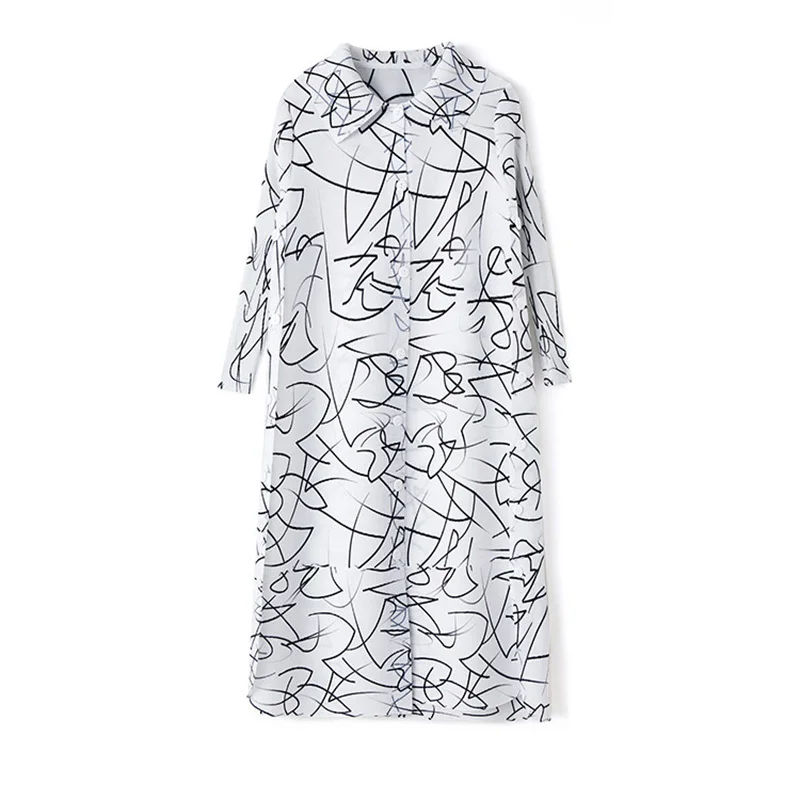 

LANMREM Women Printing Folds White Dress New Lapel Long Sleeve Loose Fit Fashion Tide autumn winter 2021 2E1603