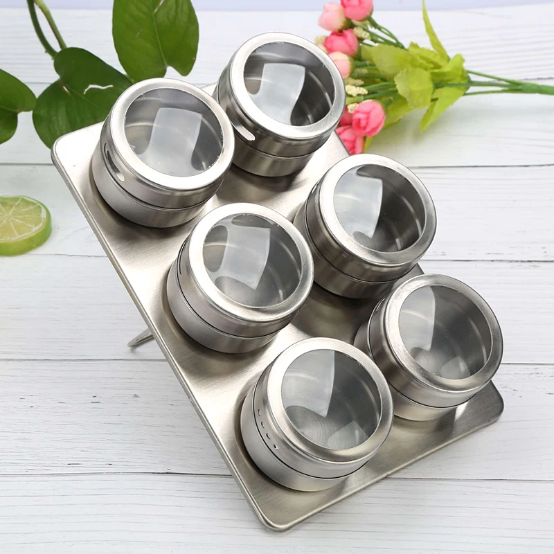 

Transparent Lid Spice Magnetic Tin Pot Stainless Steel Spice Sauce Storage Container Pot Kitchen Condiment Holder Household