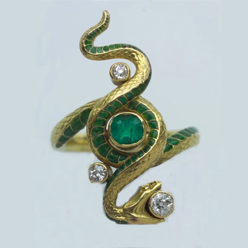 

FDLK Vintage Green Gold Color Animal Snake Ring for Women Men Punk Bling CZ Stone Exquisite Stackable Snake-shape Ring