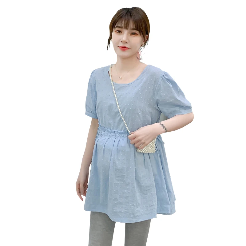 

9605# Summer Korean Fashion Maternity Blouses Sweet A Line Loose Tunic Clothes for Pregnant Women Short Pregnancy Shirt Tops