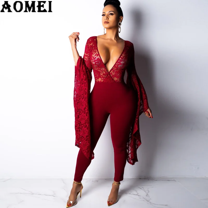 Женские кружевные комбинезоны с глубоким V образным вырезом Длинные свободные