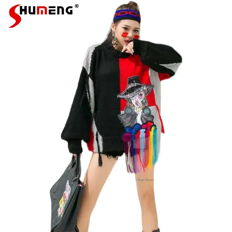 

Новинка Осень-зима 2021 Женский пуловер с блестками и мультипликационным принтом подходящий ко всему Вязаный топ в корейском ленивом стиле с...