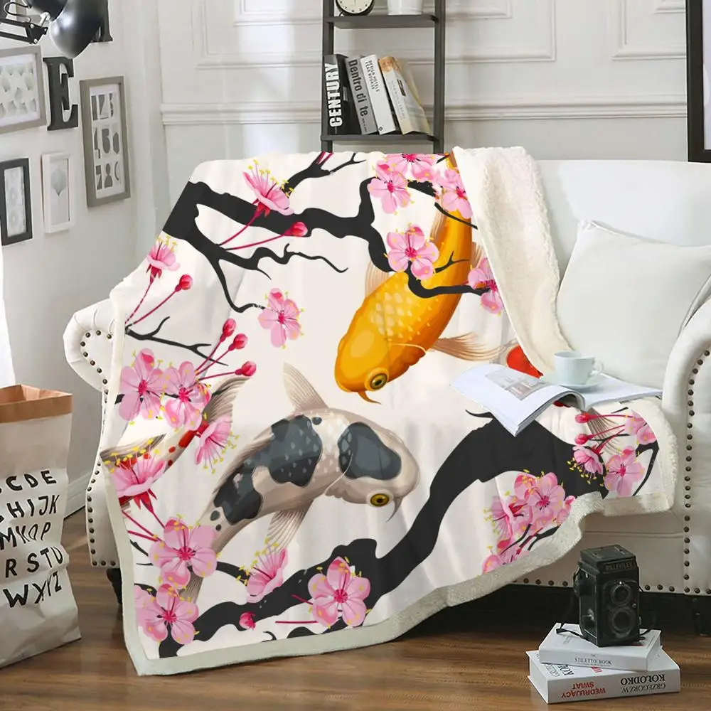 

Koi Fish Throw Blanket on Bed Seamless Sherpa Fleece Blanket Good Luck Fluffy Blanket Flowers Soft Bedspreads Japanese-style